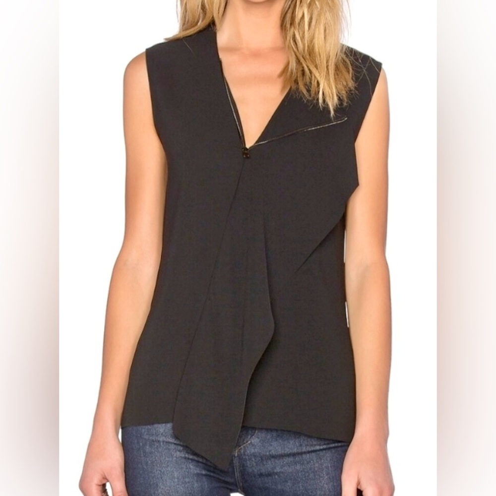 VINCE Black Asymmetrical Zip-Neck Draped Shell Top